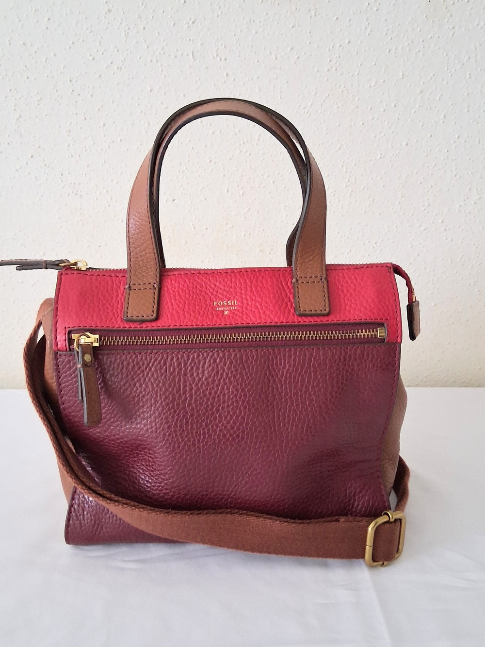 Fossil Women’s Leather Satchel Handbag in Burgundy, Red & Brown